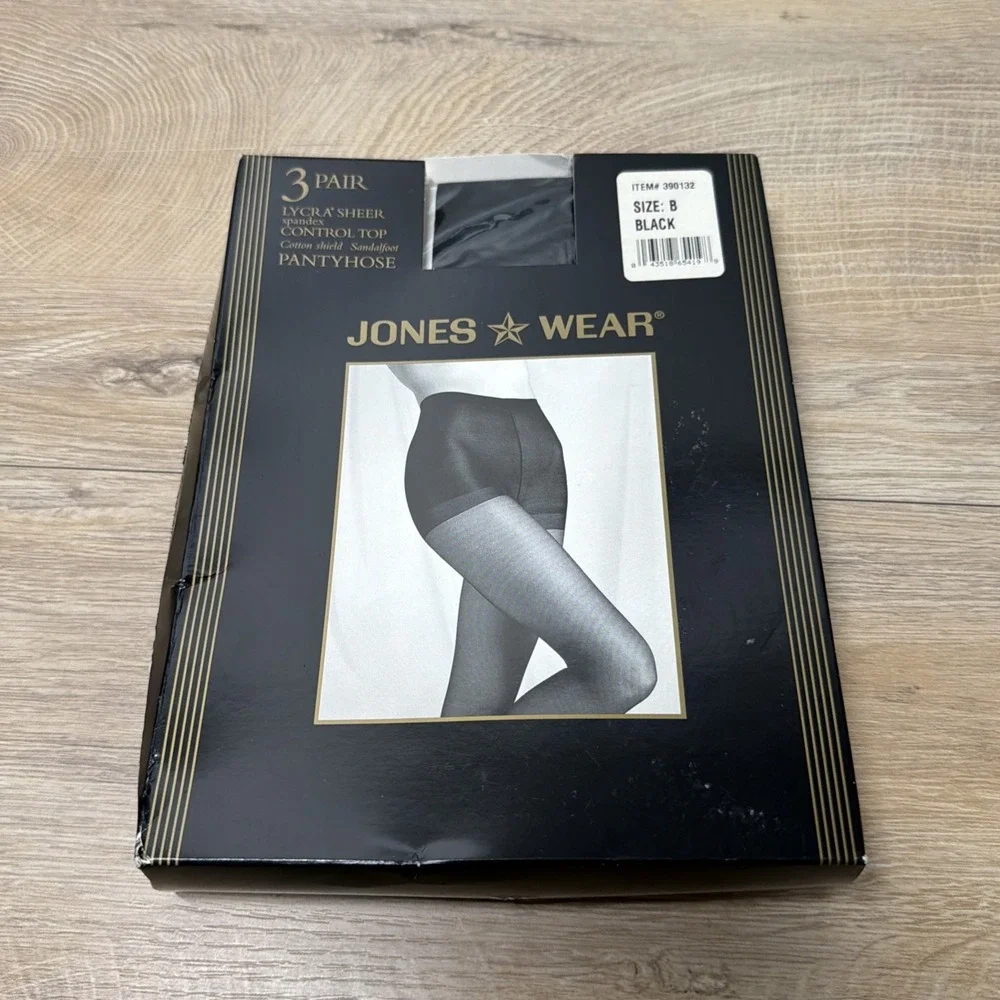 Vintage Jones Wear Pantyhose Size B Black Lycra Sheer Control Top 3 Pair New